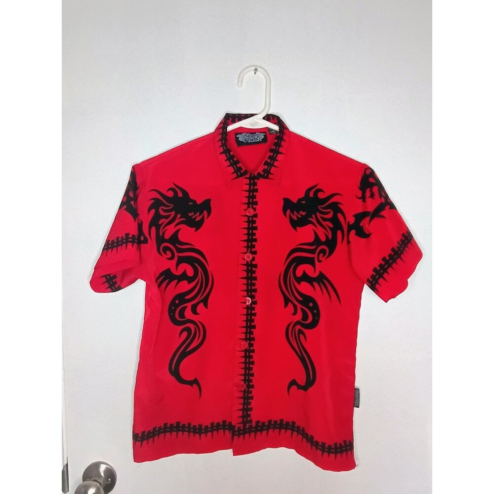 Silver Point Dragon Shirt Red Black Button Up Y2K Streetwear Mens S / Youth XL